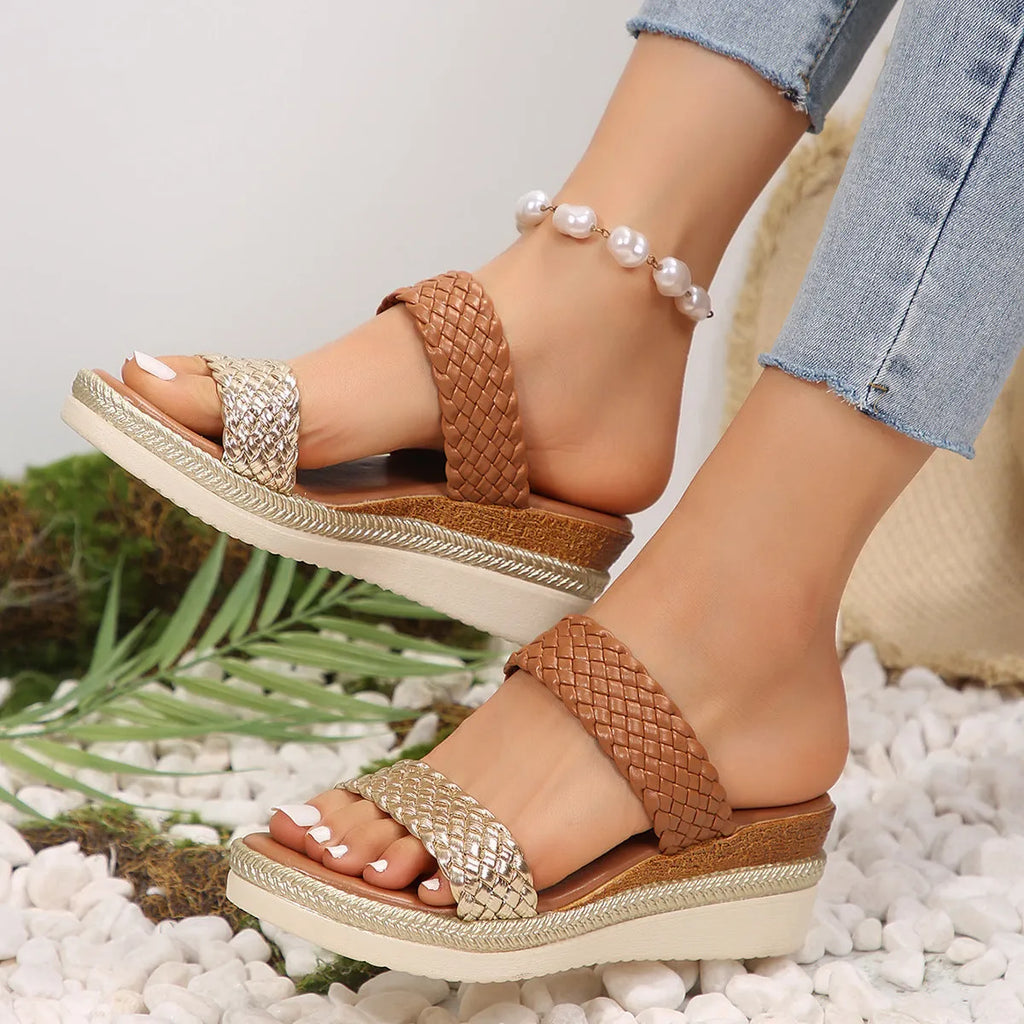 Women's gold plus size wedge sandals with adjustable strap and rubber wedge sole