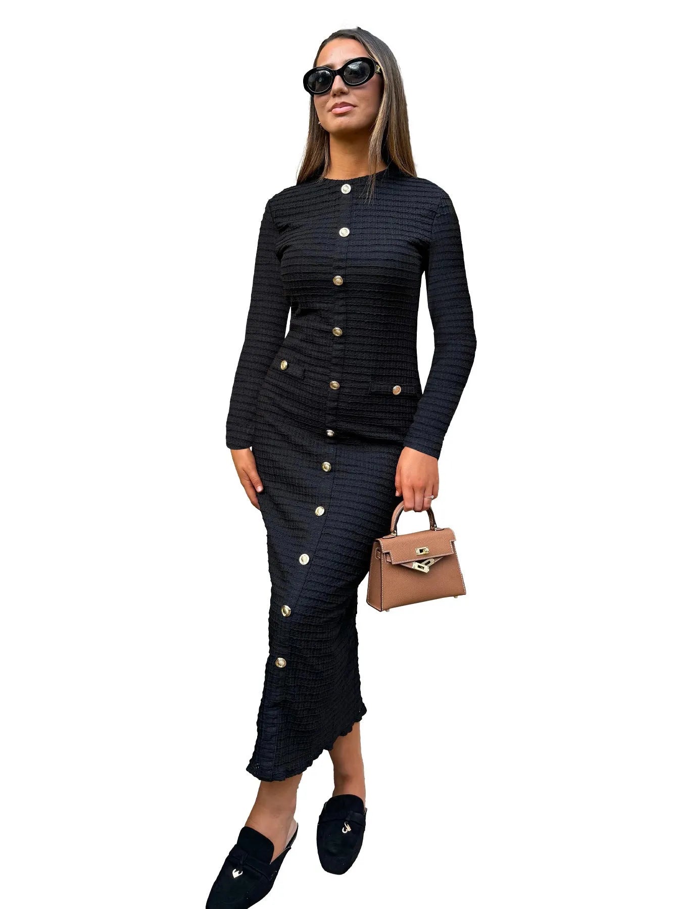 French retro slim fit knitted dress with button front and long sleeves in black or white