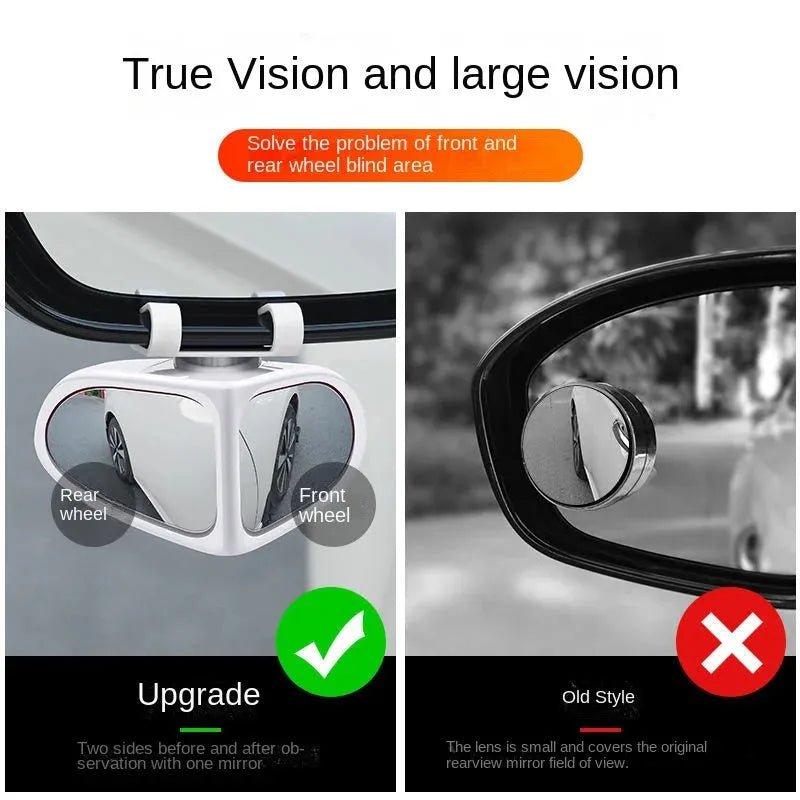 A pair of round, adjustable wide-angle car mirrors with adhesive backing, shown in assorted colours.
