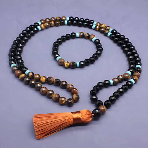 Geometric beaded jewellery set with black agate and tiger's eye stones showing bracelet and necklace options