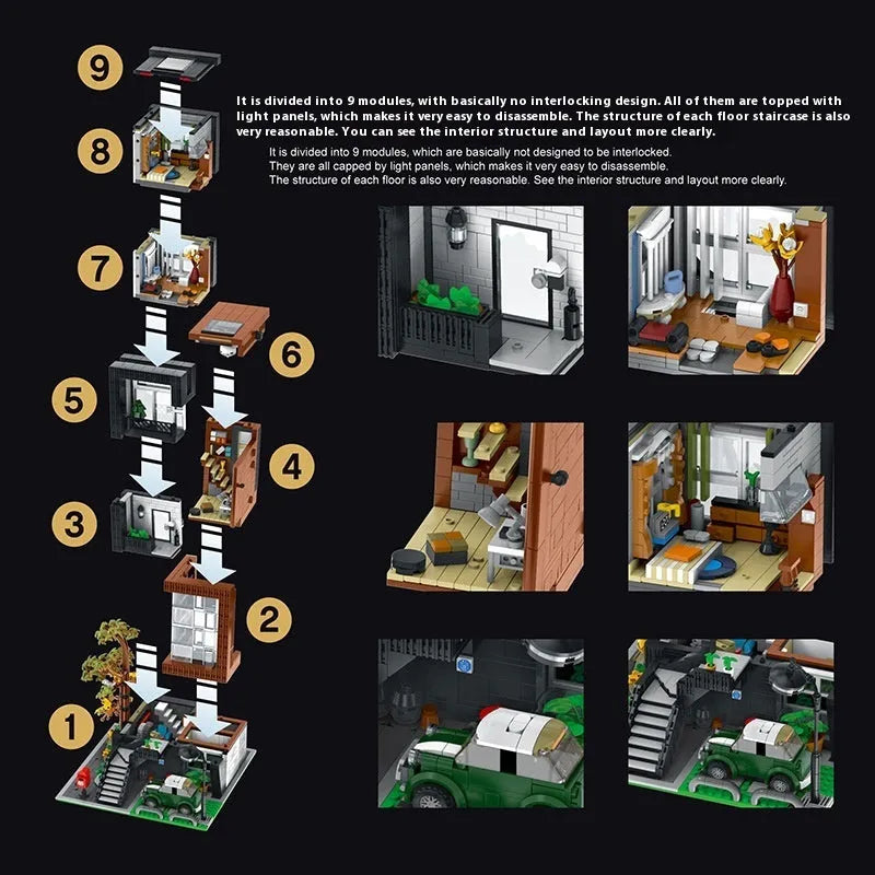Plastic building blocks set for assembling a modern villa model with small particle pieces