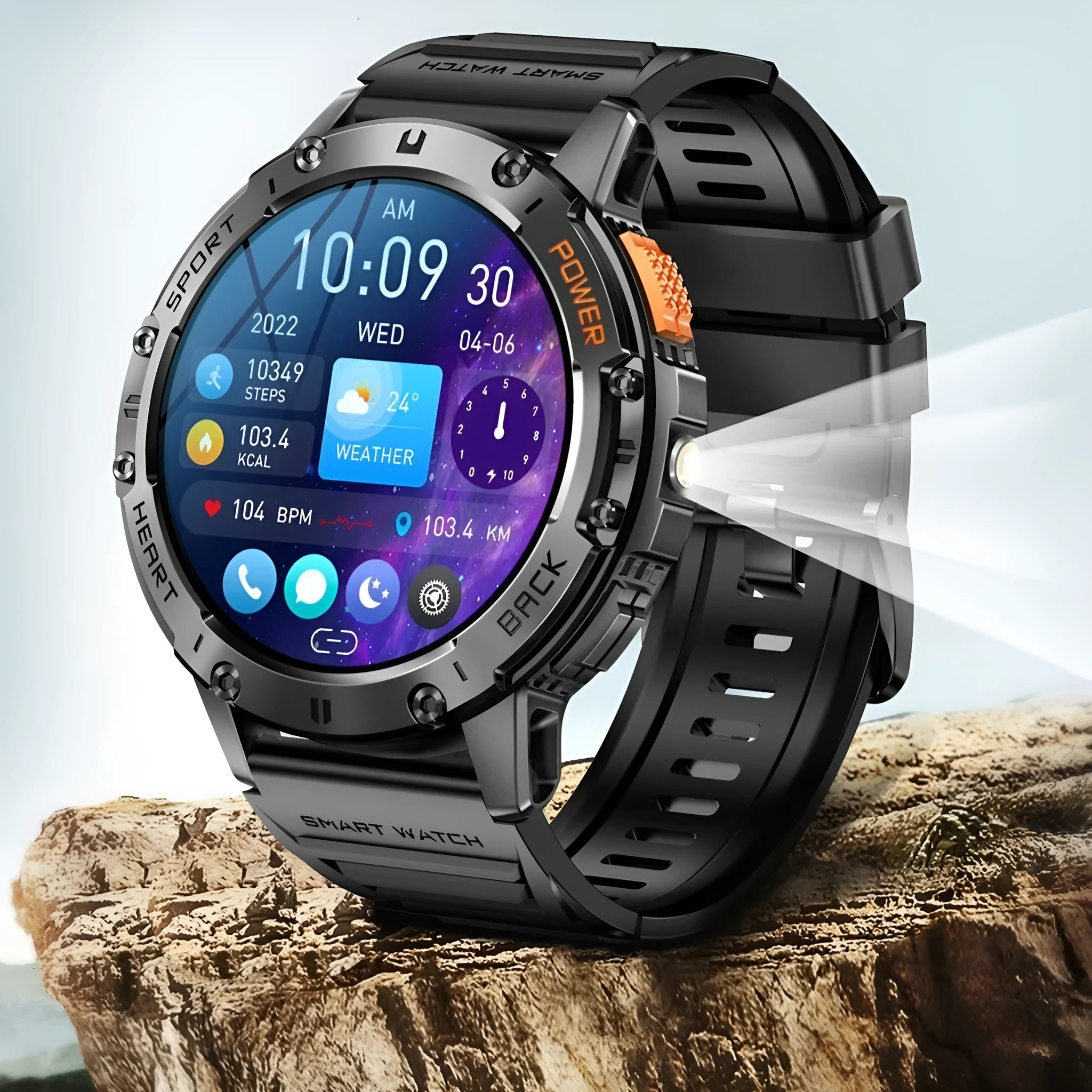 Men's black smart watch with round AMOLED screen and stainless steel wristband showing blood pressure reading