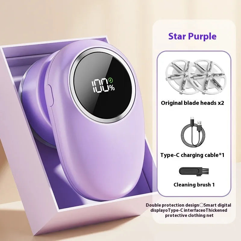 Beige and purple digital fur ball trimmer lint removers with stainless steel cutter heads on a USB cable.