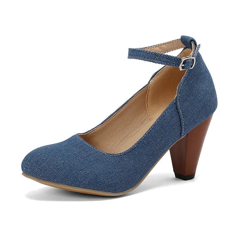 Women's blue denim platform high-heel boots with buckle fastening and chunky 6-8cm heel