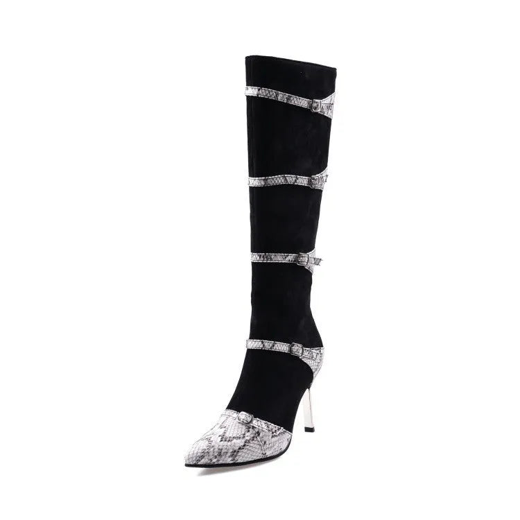 Grey and black women's knee-high boots with a high heel and velvet lining.