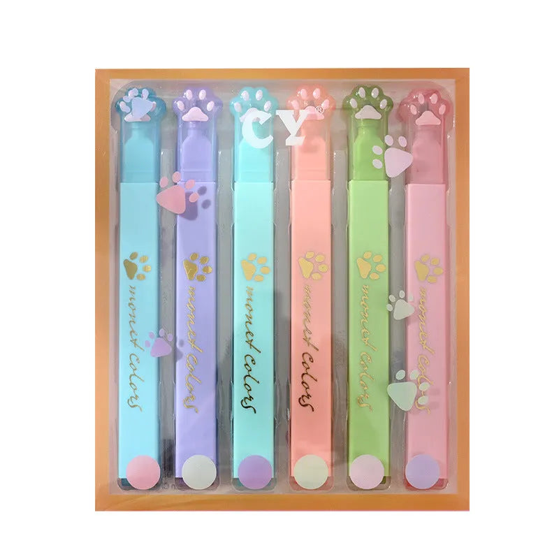 Cat's Paw fluorescent marker pen set with six colours in a plastic case, showing oblique nibs.
