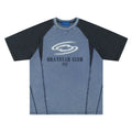 Blue men's hip hop letter print t-shirt with raglan sleeves on a hanger.