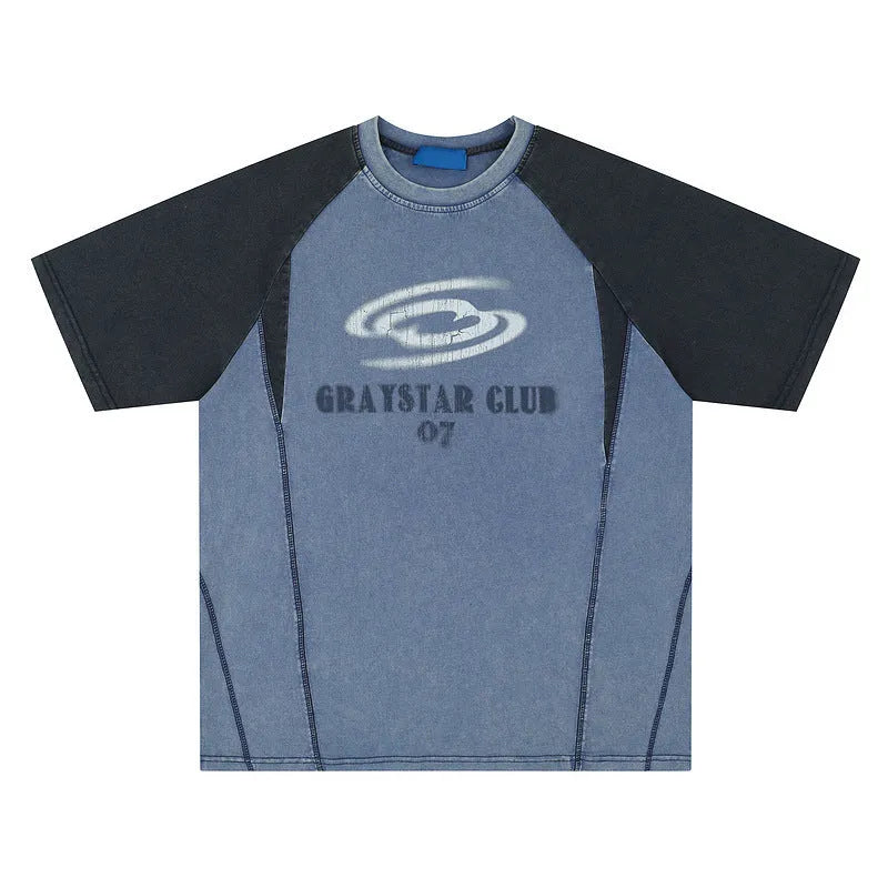 Blue men's hip hop letter print t-shirt with raglan sleeves on a hanger.