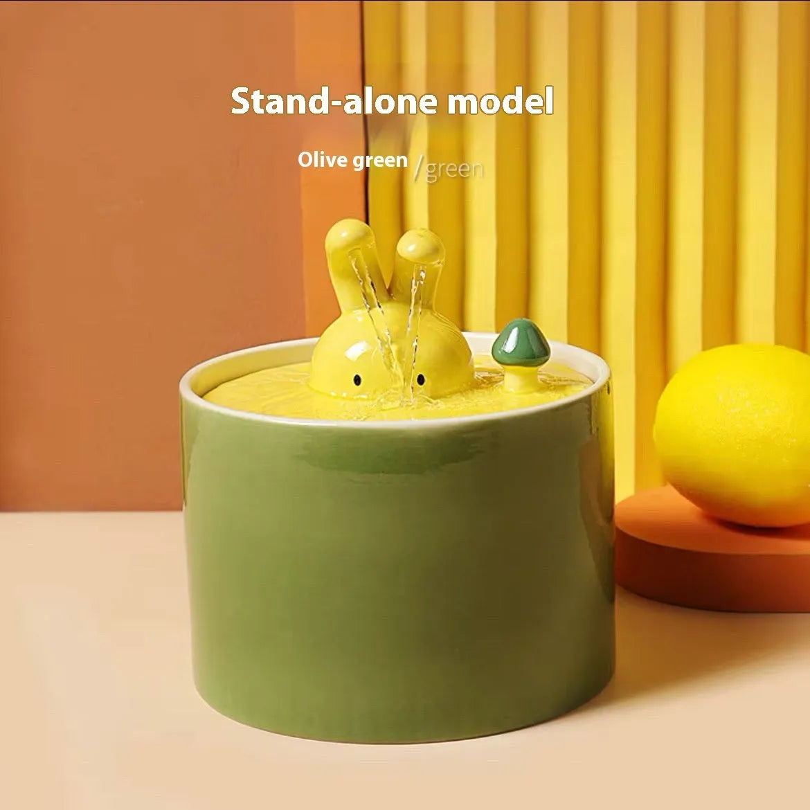Ceramic automatic circulating pet water dispenser for cats and dogs in Rabbit White, Yellow or Green, small or large