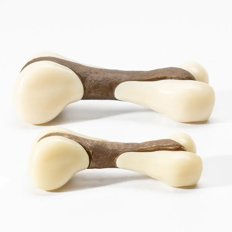 Bone grinding rod dog chew toy in foodie bones colours with cowhide leather and nylon cord construction