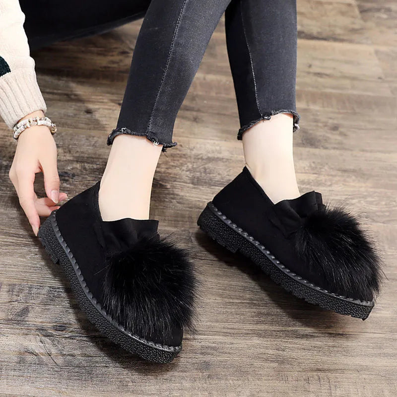 Women's high-top cotton fleece winter slippers with waterproof platform rubber sole in black or grey