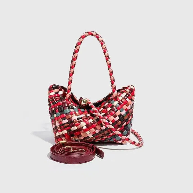 Colourful woven PU leather women's casual shoulder bag, handmade.