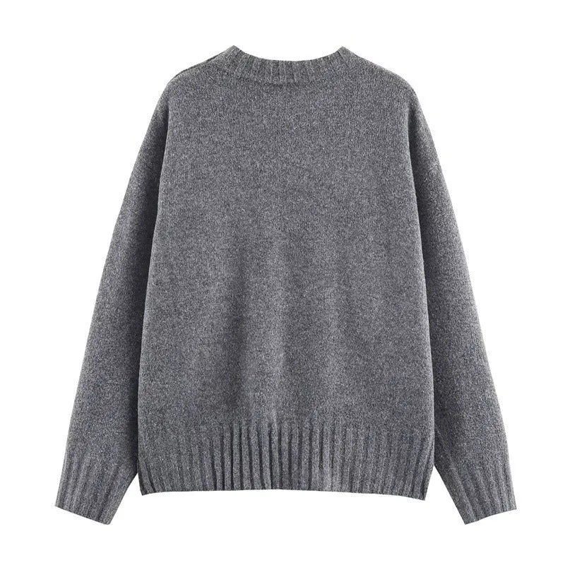 Grey ribbed knit women's sweater with contrast stripes, long sleeves, regular fit, 50cm length, sizes S M L