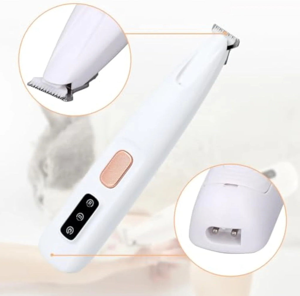 White rechargeable electric dog paw trimmer with LED light and four comb attachments on a table