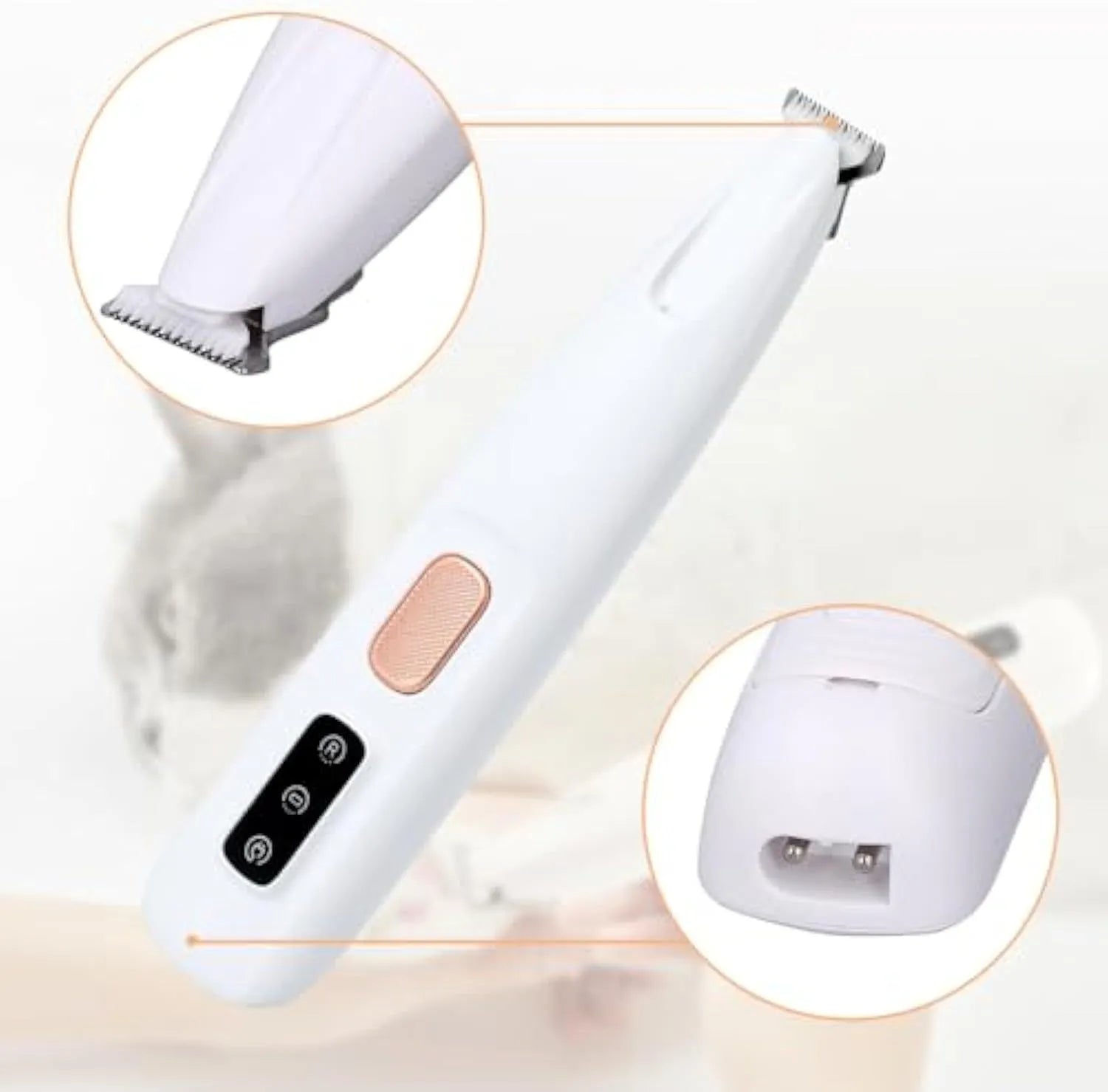 White rechargeable electric dog paw trimmer with LED light and four comb attachments on a table