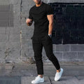 Men's casual round neck printed two-piece suit in polyester in army green colour shown on model