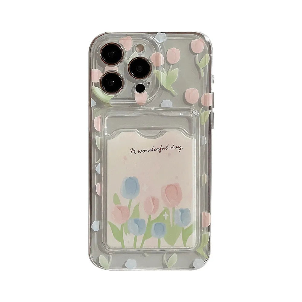 Tulip flower card holder transparent phone case TPU soft shell for iPhone with painted tulip design and ocean star beaded option