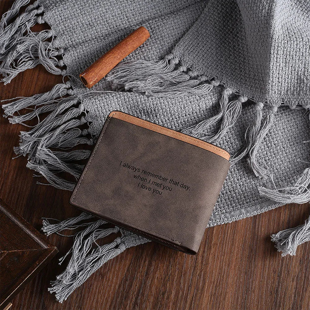 Coffee coloured PU leather engraved wallet showing personalised photo engraving option.