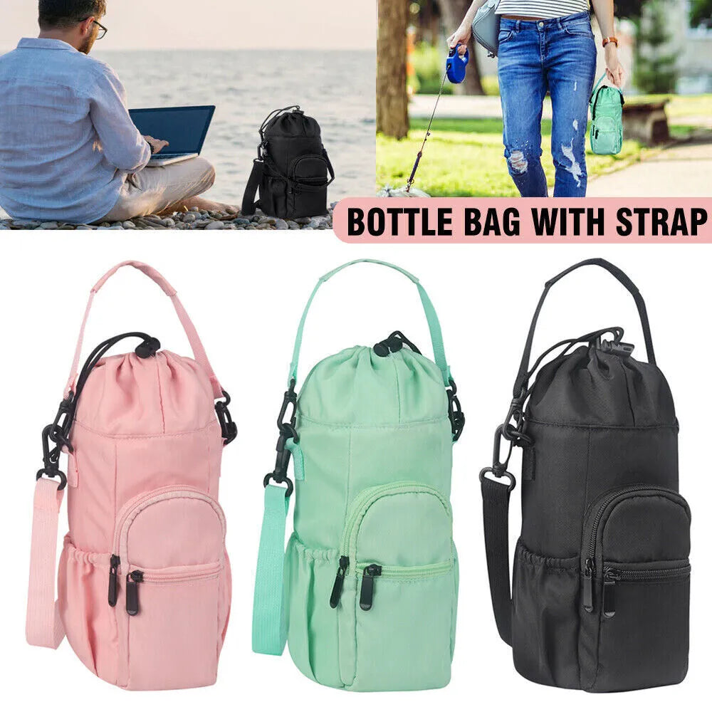 Canvas water bottle pouch with crossbody strap in black, green, or pink colour
