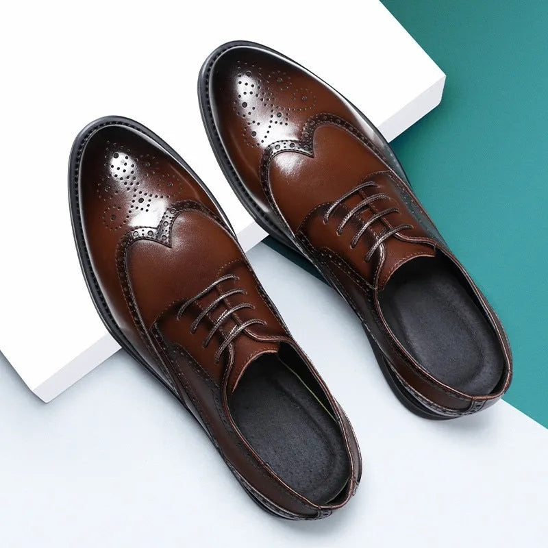 Men's black and brown brogue leather shoes for business with a PU leather upper.