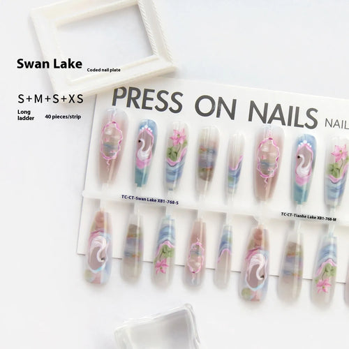 Retro Swan Lake artificial nail tips set in long ladder shape with three finish options: matte, glossy, suede frosted