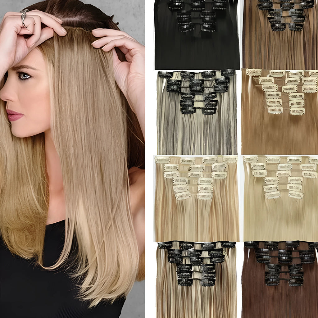 Straight wig extension set 60cm long in multiple high temperature fibre colour options for ladies
