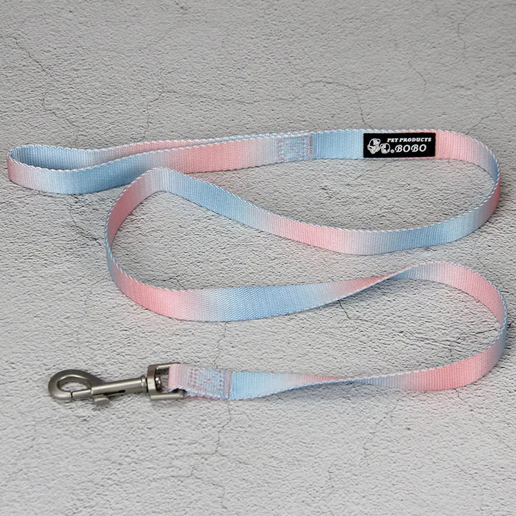 Gradient colour dog leash and collar set made from nylon fabric in multiple colour combinations