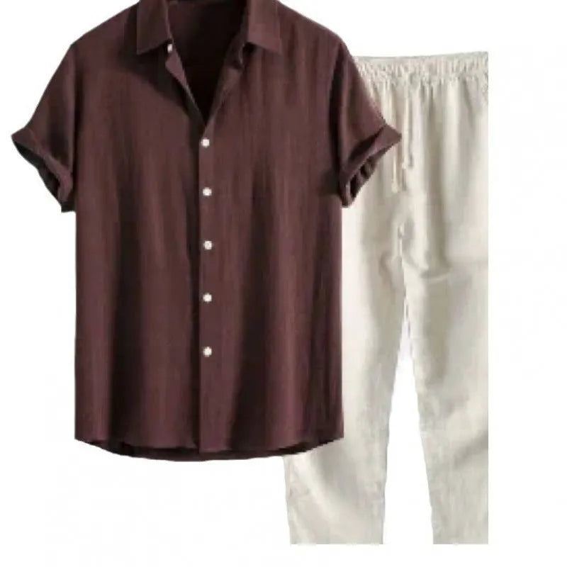 Men's loose-fit linen-look shirt and trousers casual suit set in a solid colour