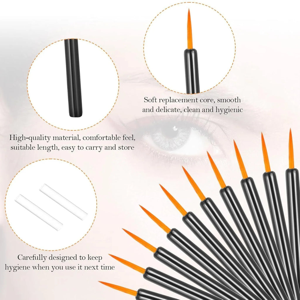 Pack of 100 black disposable eyeliner brushes with fine pointed tips and individual plastic sleeves.