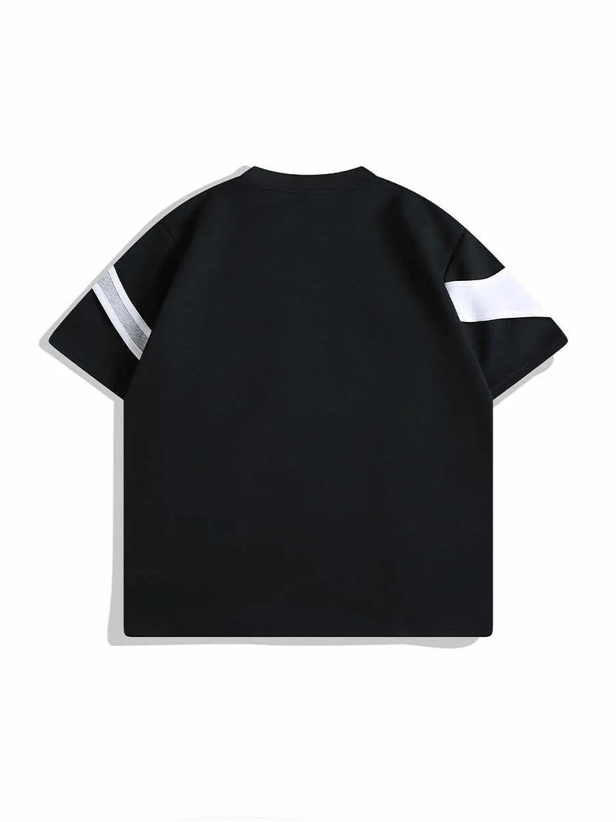 Black loose-fit short sleeve T-shirt showing double stitching detail on padded shoulder strap