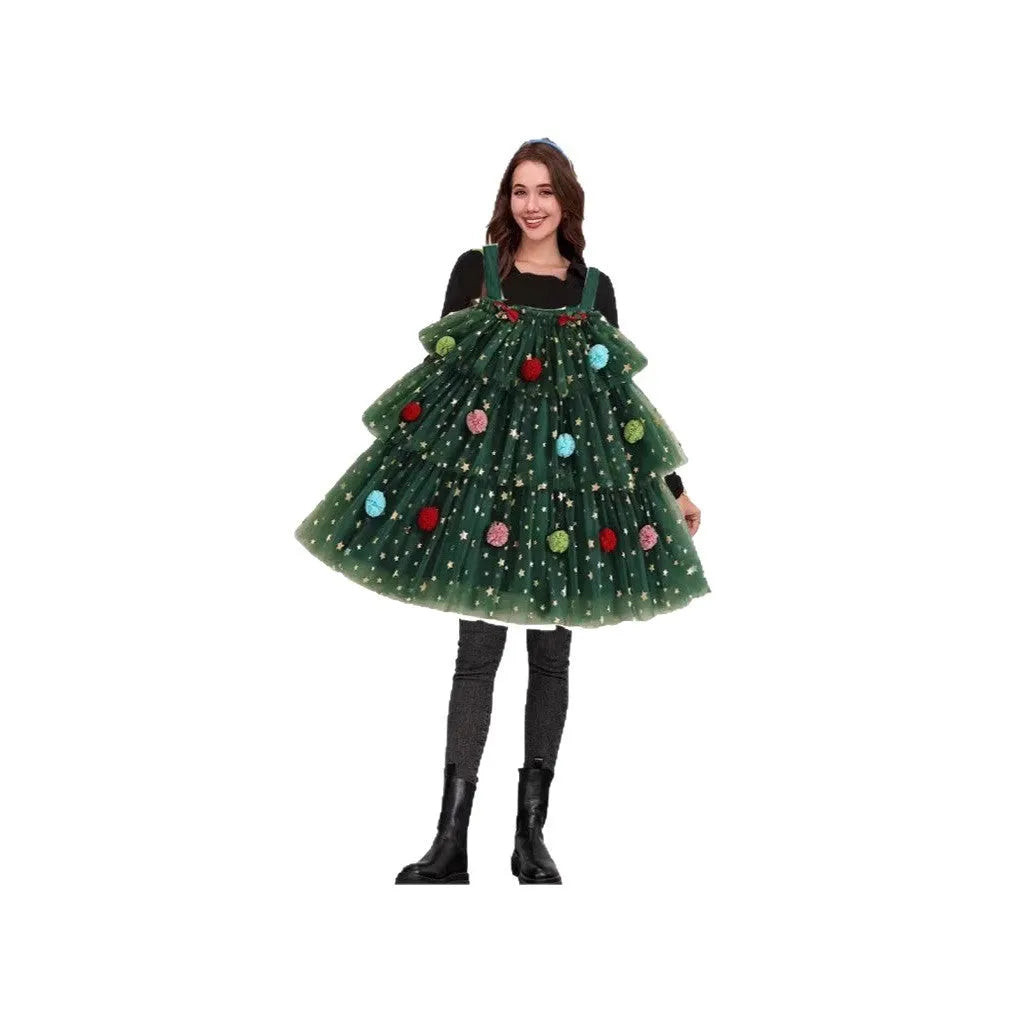 Green mesh polka dot decorative dress with Christmas tree pattern and colourful balls, shown as a tiered suspender skirt.