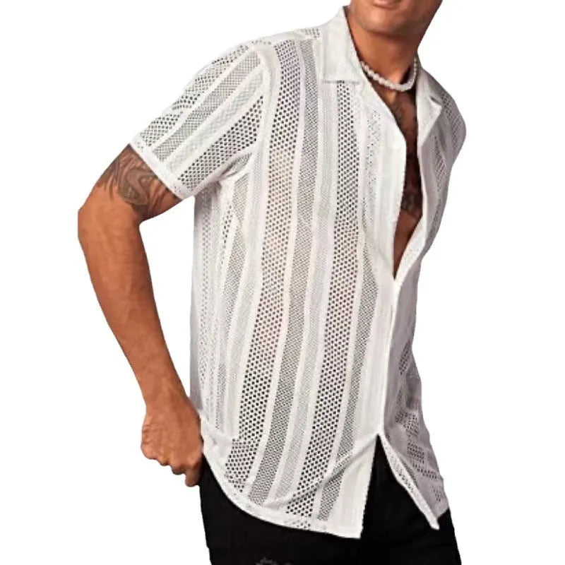 Men's white knitted short-sleeve button shirt with jacquard texture in cardigan style