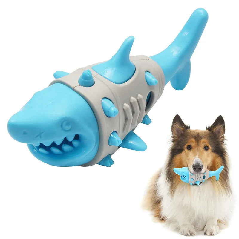 Blue rubber dog chew toy with shark-tooth texture and venting channels for teething puppies