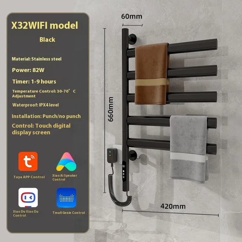 5-layer stainless steel electric towel rack in black with punch-free mounting and WiFi control
