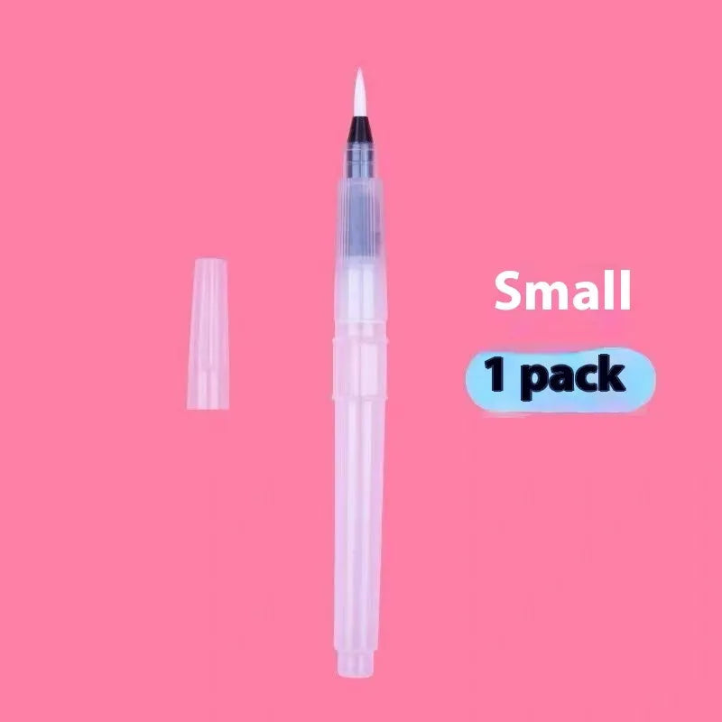 Six-piece watercolor pen set with pointed and flat tips in assorted sizes, plastic body