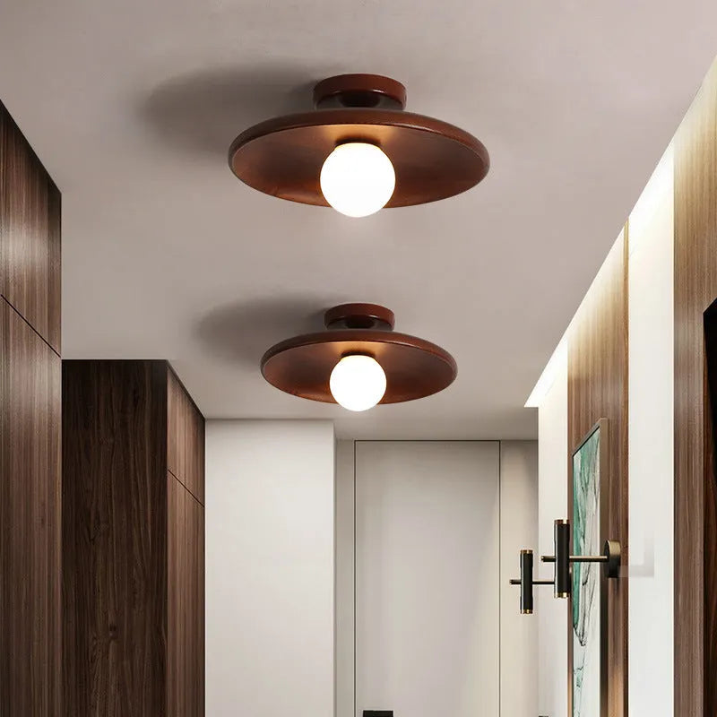 Solid wood minimalist ceiling lamp with glass shade in walnut colour