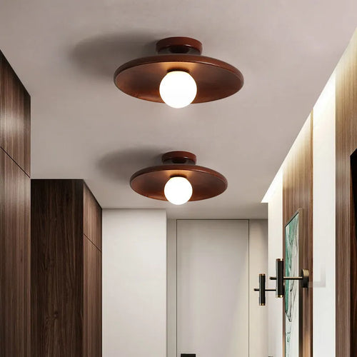 Solid wood and glass minimalist aisle ceiling lamp in wood or walnut colour.