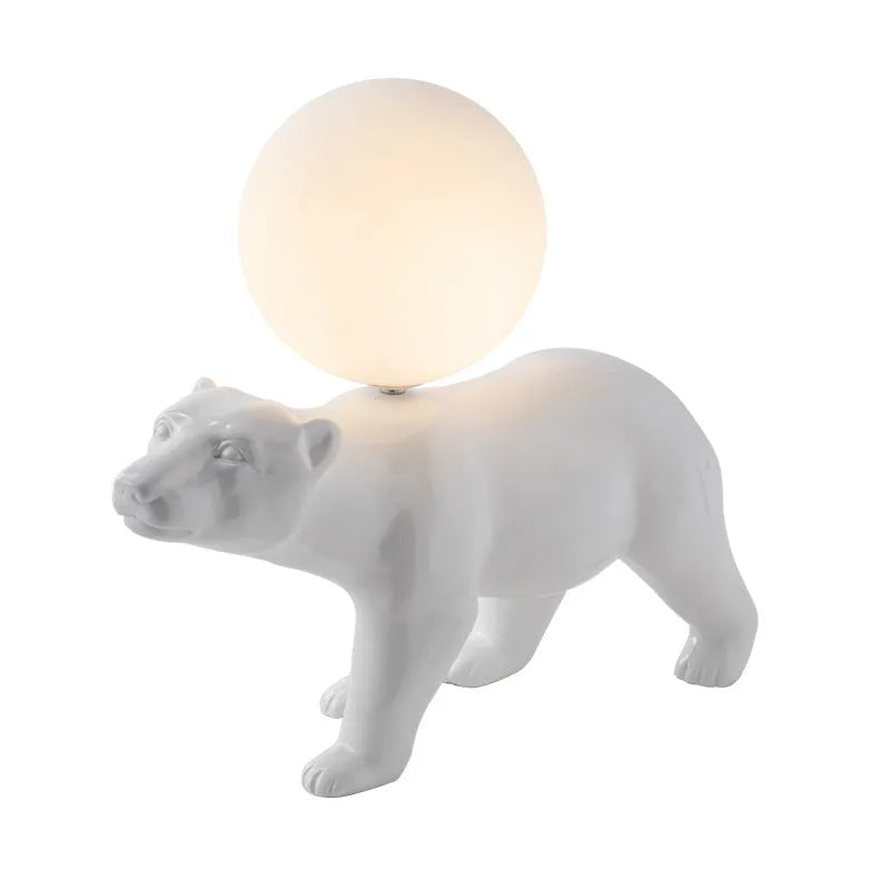 Modern white bear table lamp in sitting posture on a wooden desk, Nordic style, 240mm wide