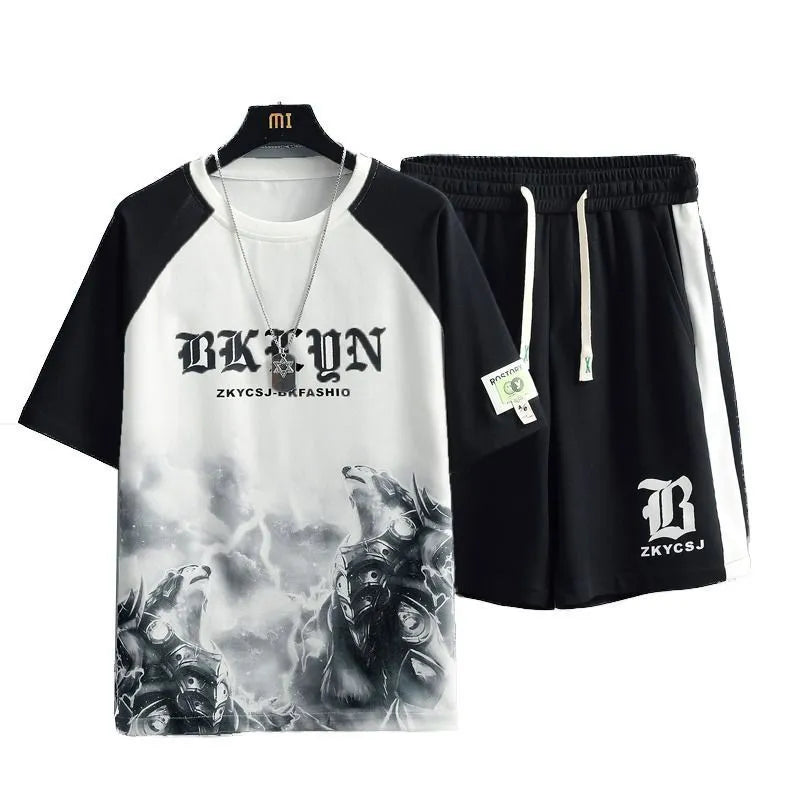 Men's summer sports casual tracksuit set polyester T-shirt and shorts in black