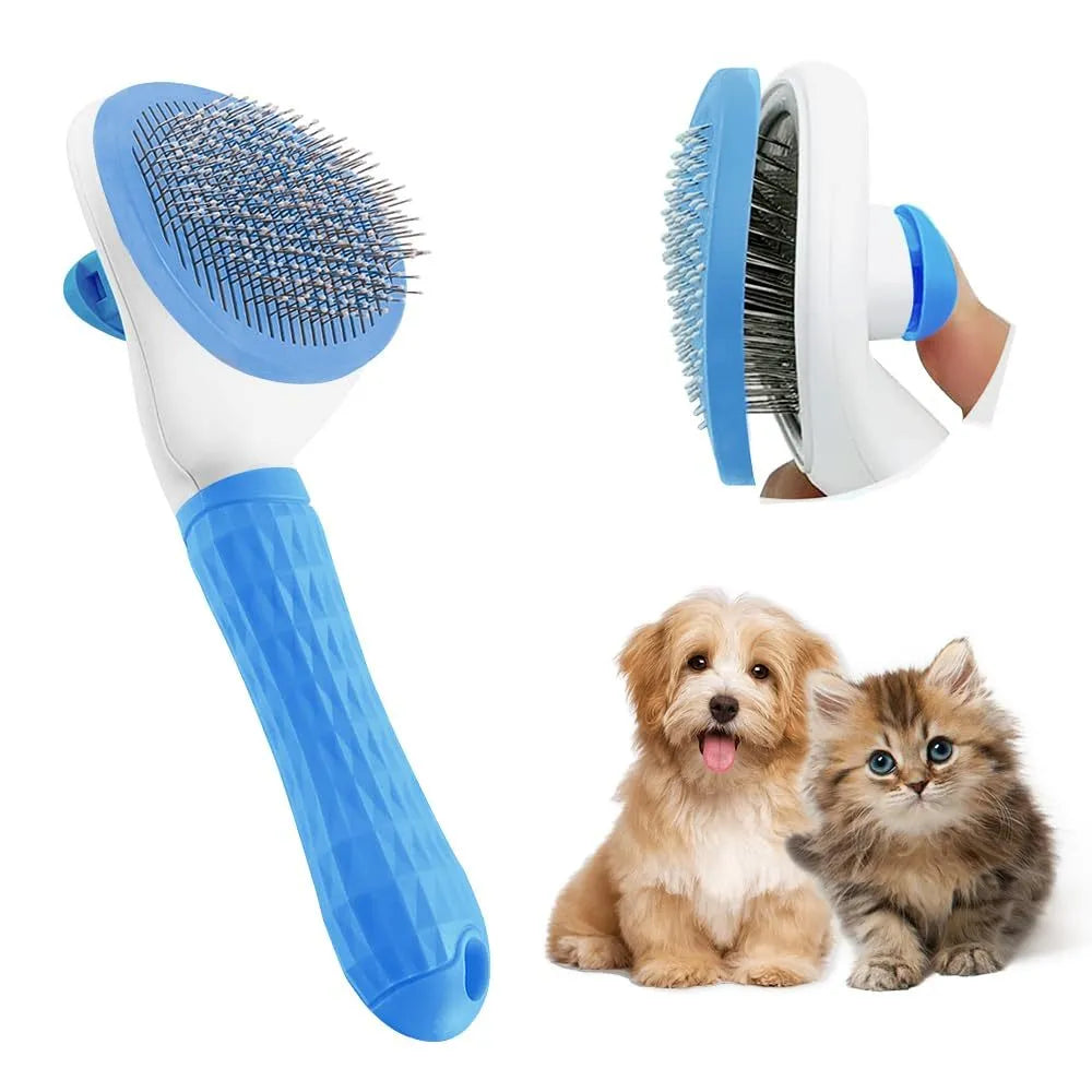 Blue cat grooming brush with a release button and fine wire bristles on a grey background.