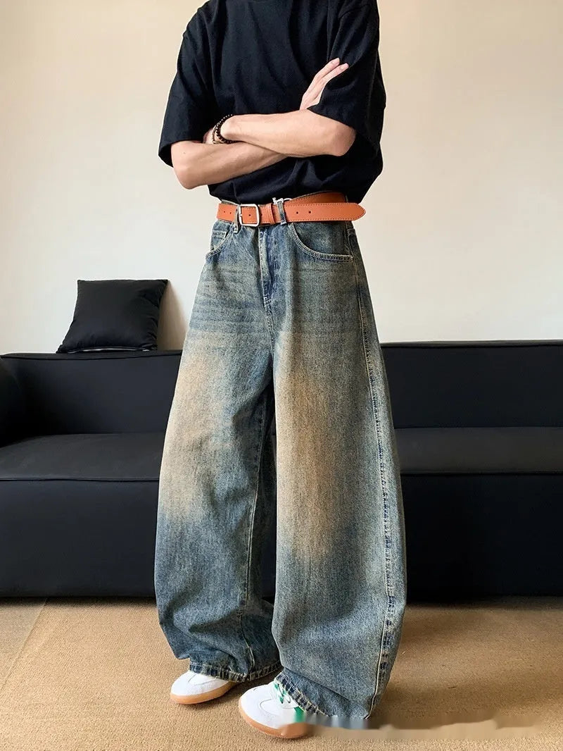 Men's retro blue distressed denim wide-leg trousers with micro elastic cotton blend fabric