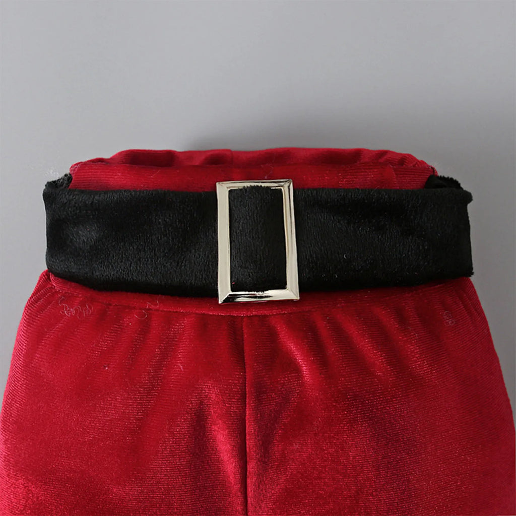 Red Korean velvet children's Christmas three-piece set with shirt, bell bottoms, and hat on display