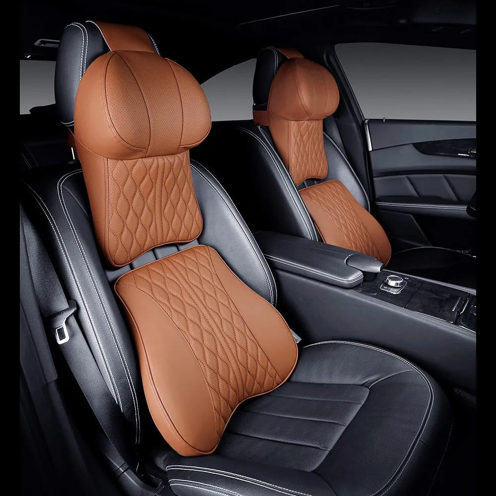 Leather embroidered car neck and lumbar pillow set with wavy pattern in multiple colour options