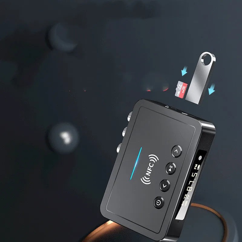 NFC Bluetooth 5.0 audio receiver adapter with multiple cables and interfaces, 10m range