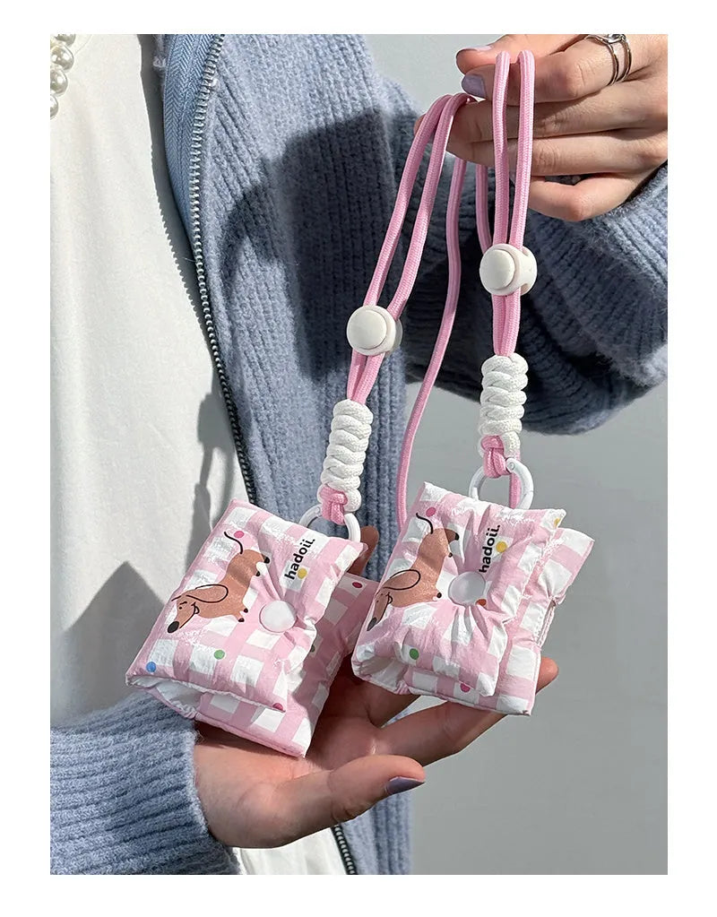 Pink plaid sausage dog fabric earphone sleeve with anti-lost carrying strap for Apple AirPods