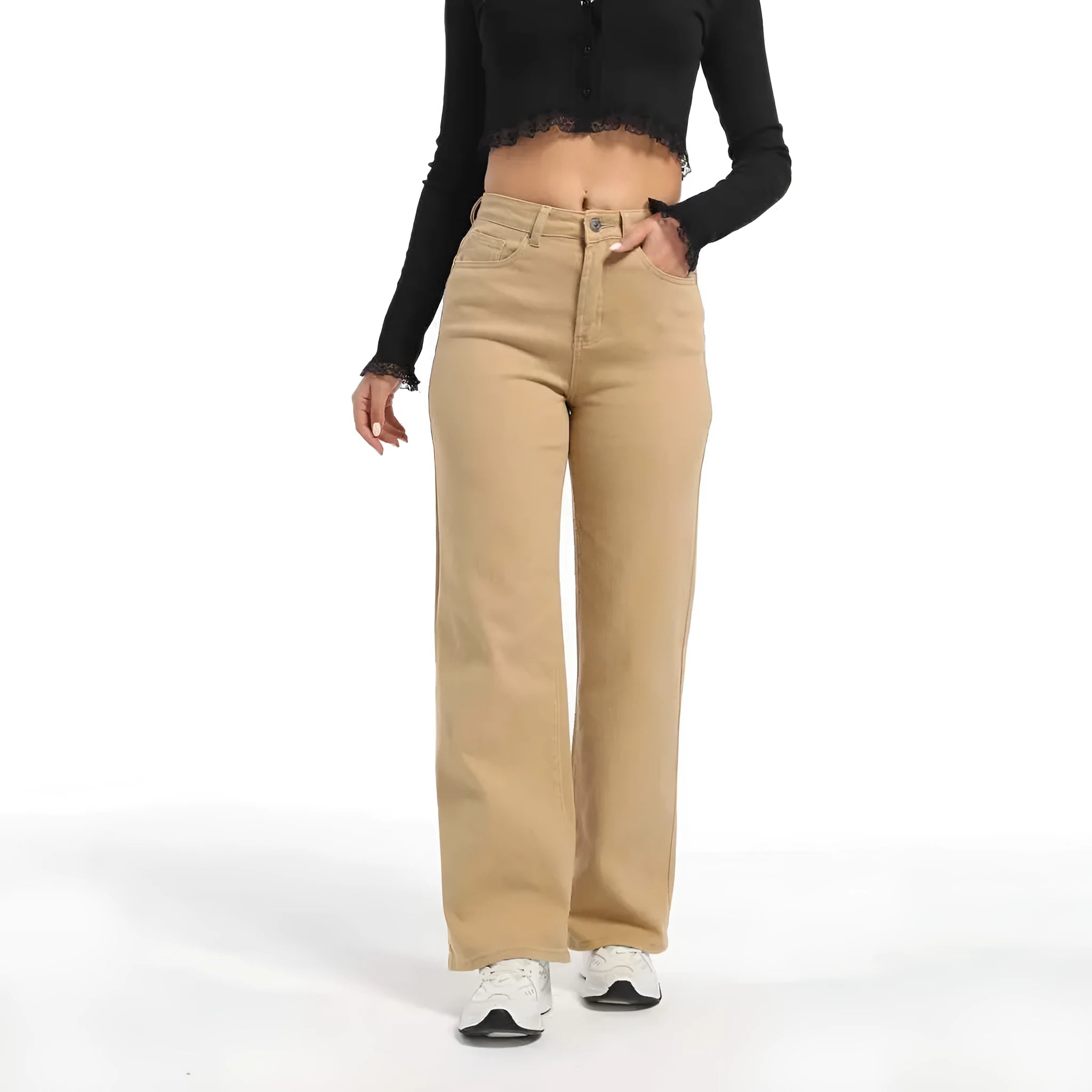 Women's high waist wide leg straight jeans in apricot and khaki colours
