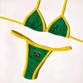 Women's sweet style polyester bikini set in blue, featuring a T-back bra top and high-waisted shorts.
