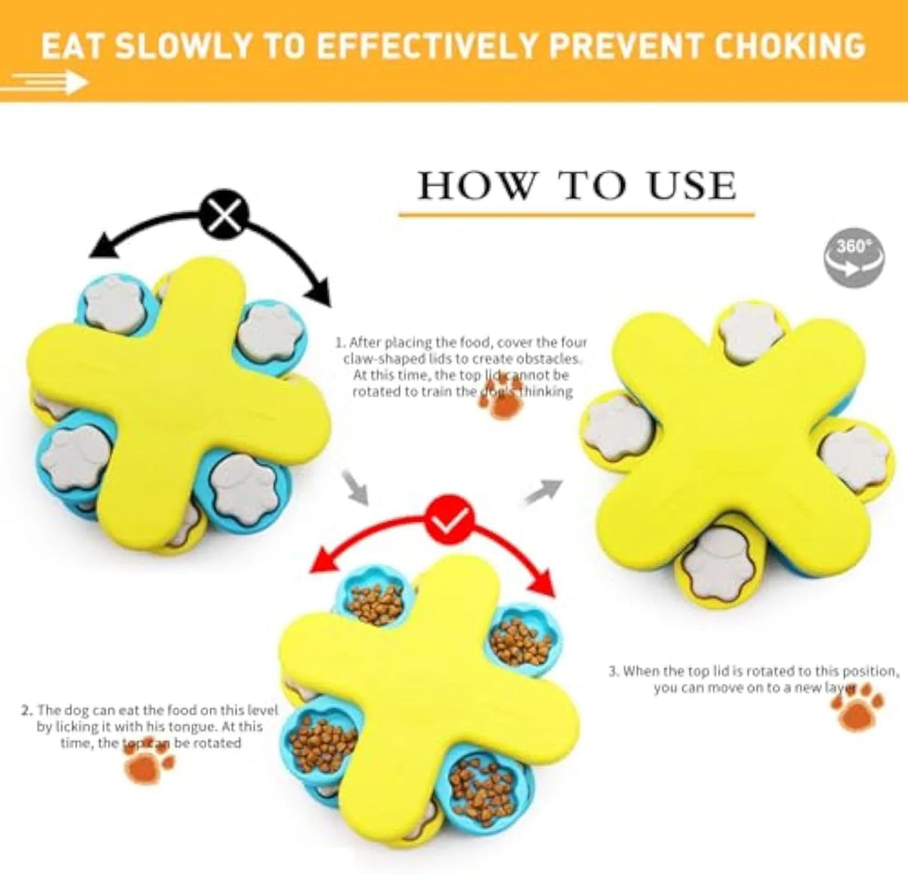 Yellow dog puzzle feeder toy with three-layer rotating lid and anti-slip rubber pads on base.