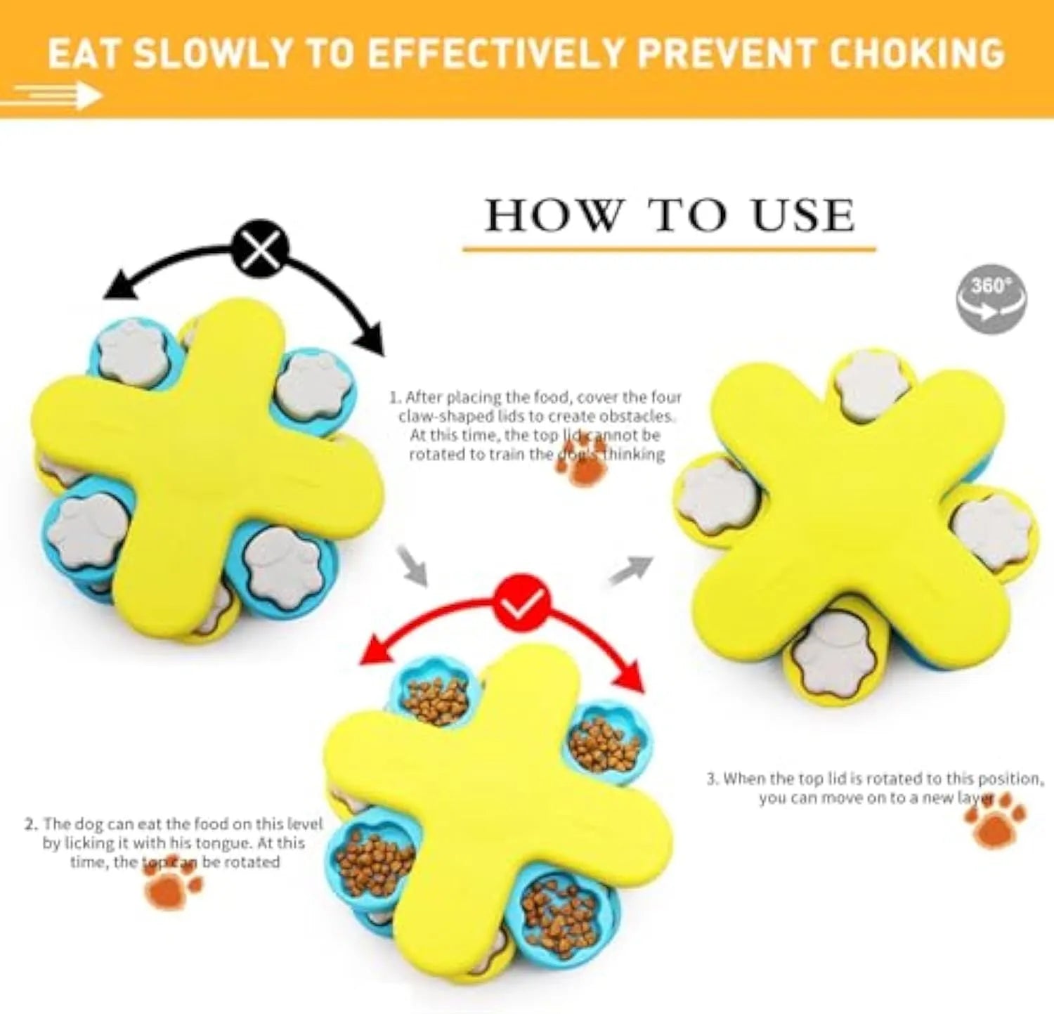 Yellow dog puzzle feeder toy with three-layer rotating lid and anti-slip rubber pads on base.