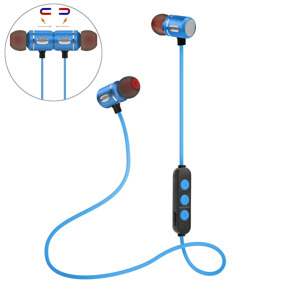 AX-09 Magnetic Sports Bluetooth Headset in blue with charging cable and ear caps